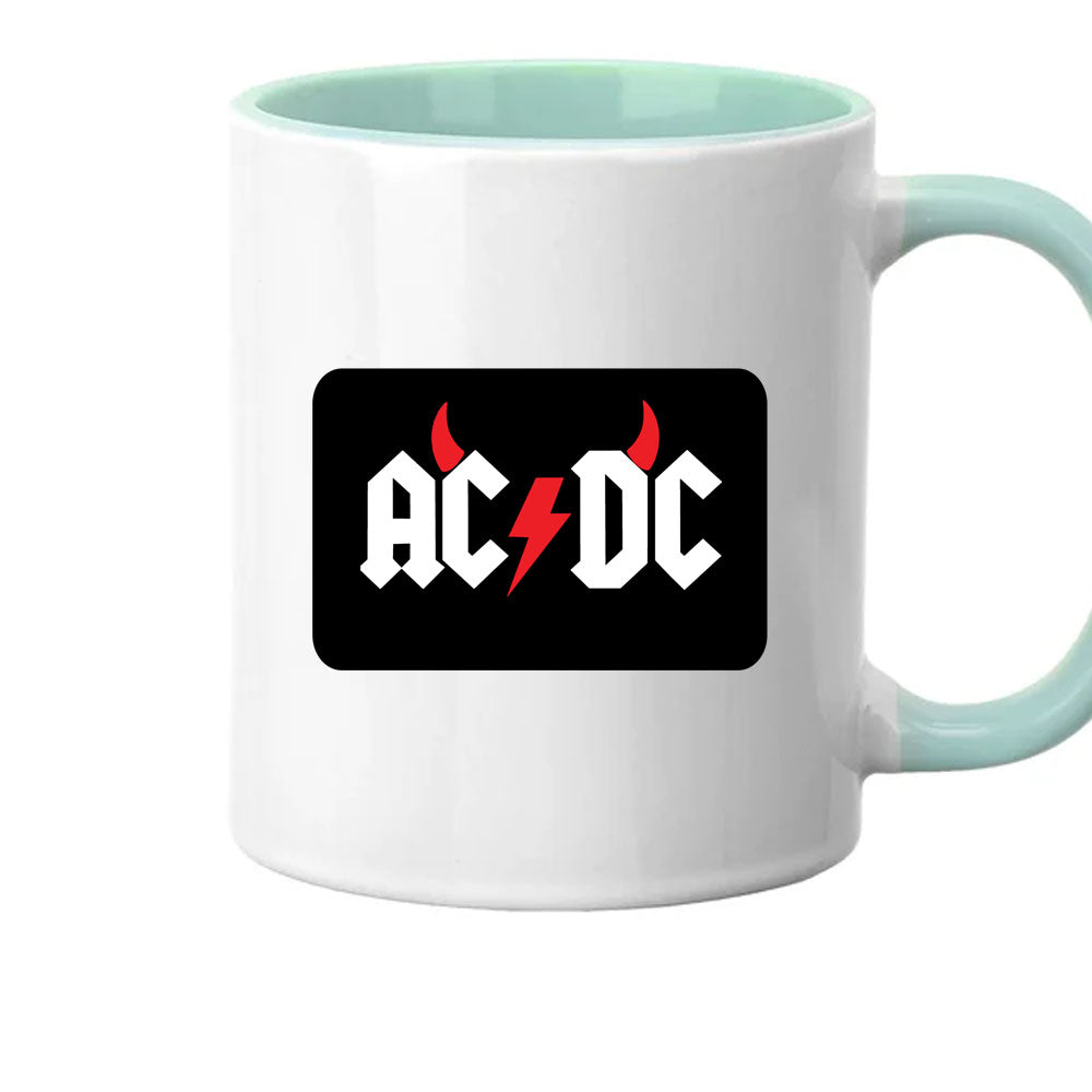 White mug with AC/DC logo on a white background