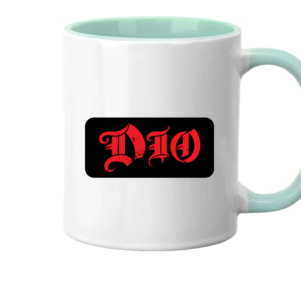 White mug with red 'DIO' logo on a black background