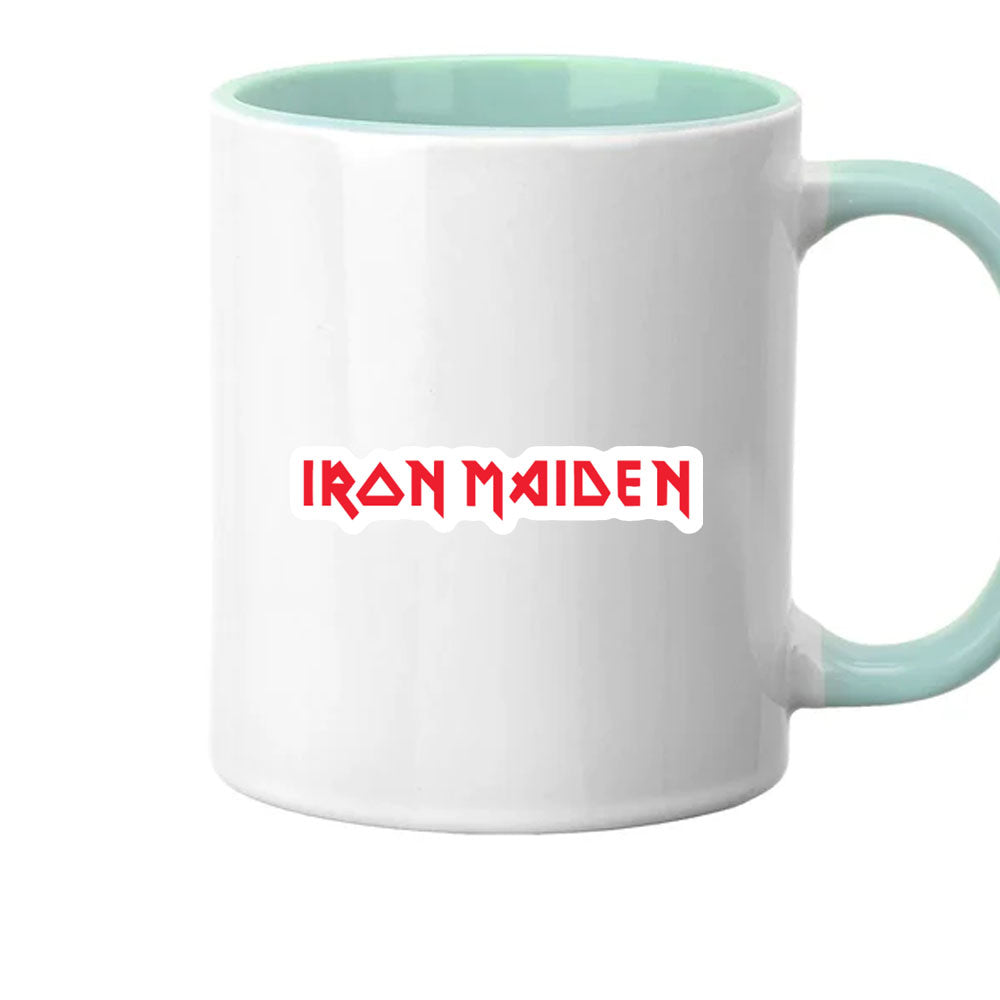 White mug with light blue interior and handle, featuring 'IRON MAIDEN' in red text.