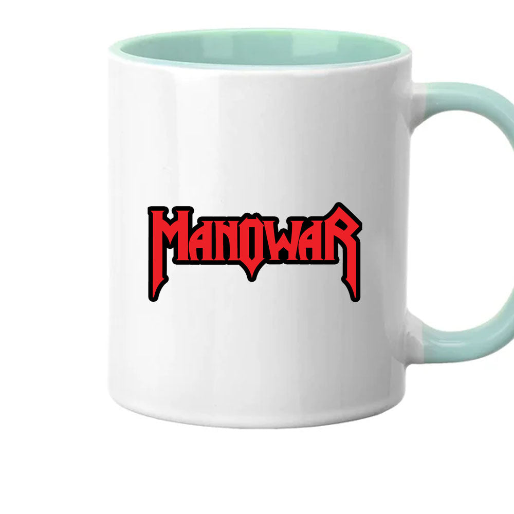White mug with red 'Manowar' logo on a white background