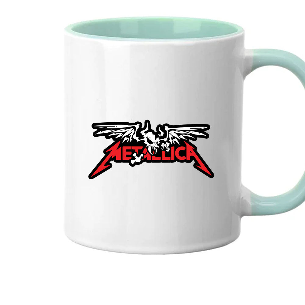 White mug with Metallica logo on a white background