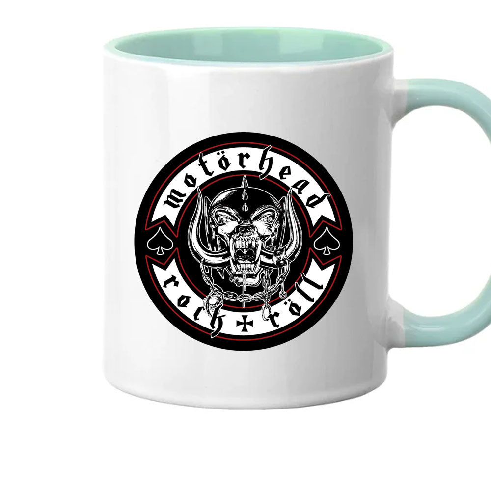 White mug with teal interior and Motorhead logo on a white background