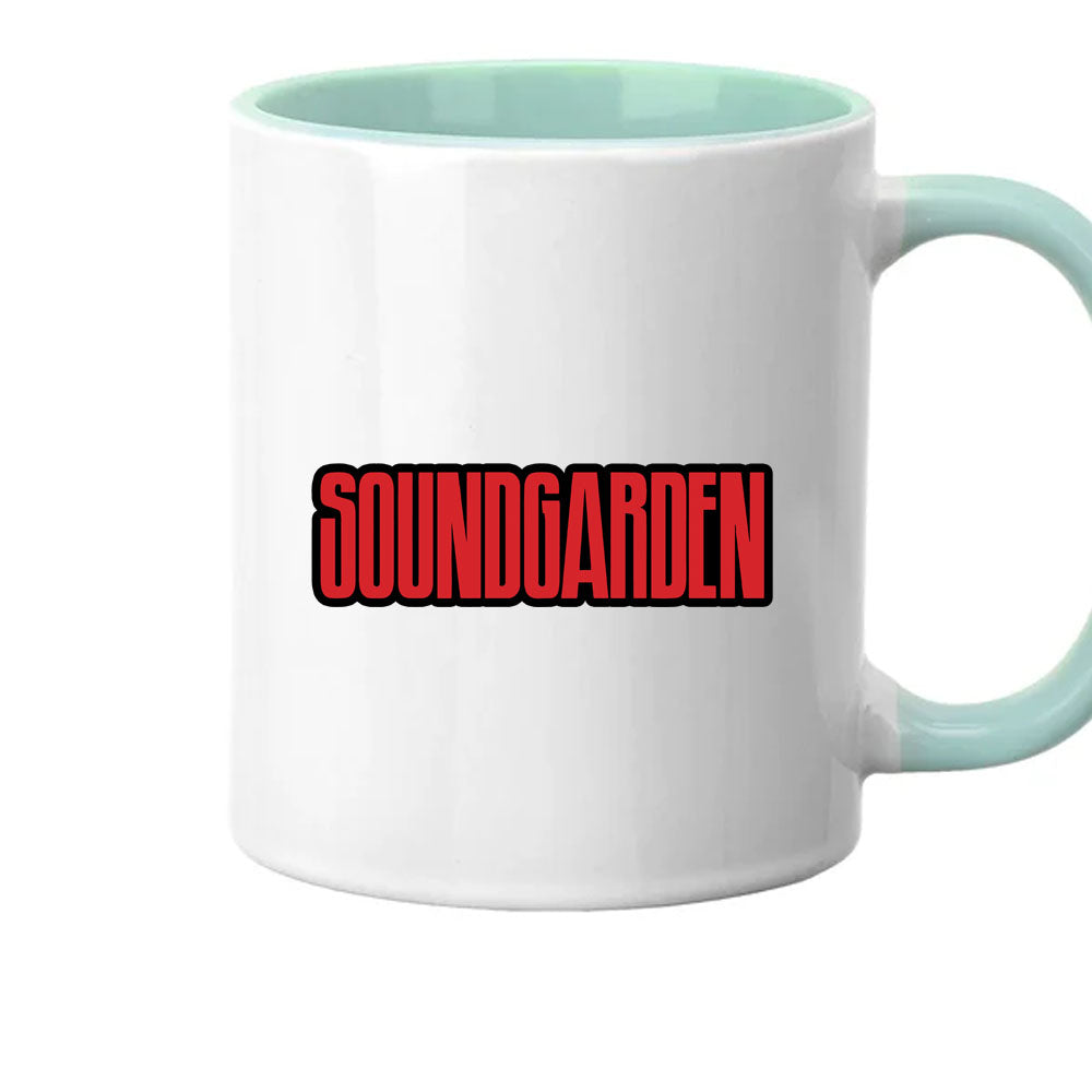 White mug with red 'SOUNDGARDEN' logo on a white background