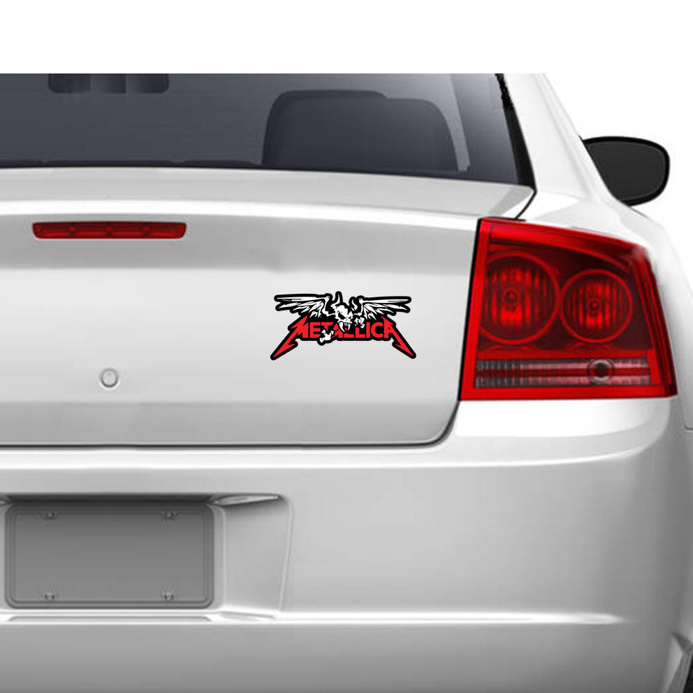 Metallica logo decal on a car's rear window