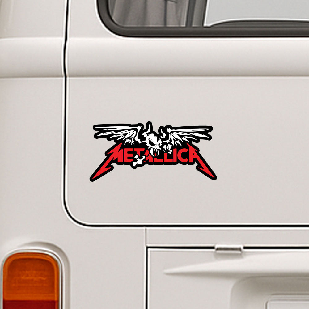 Metallica logo decal on a white vehicle