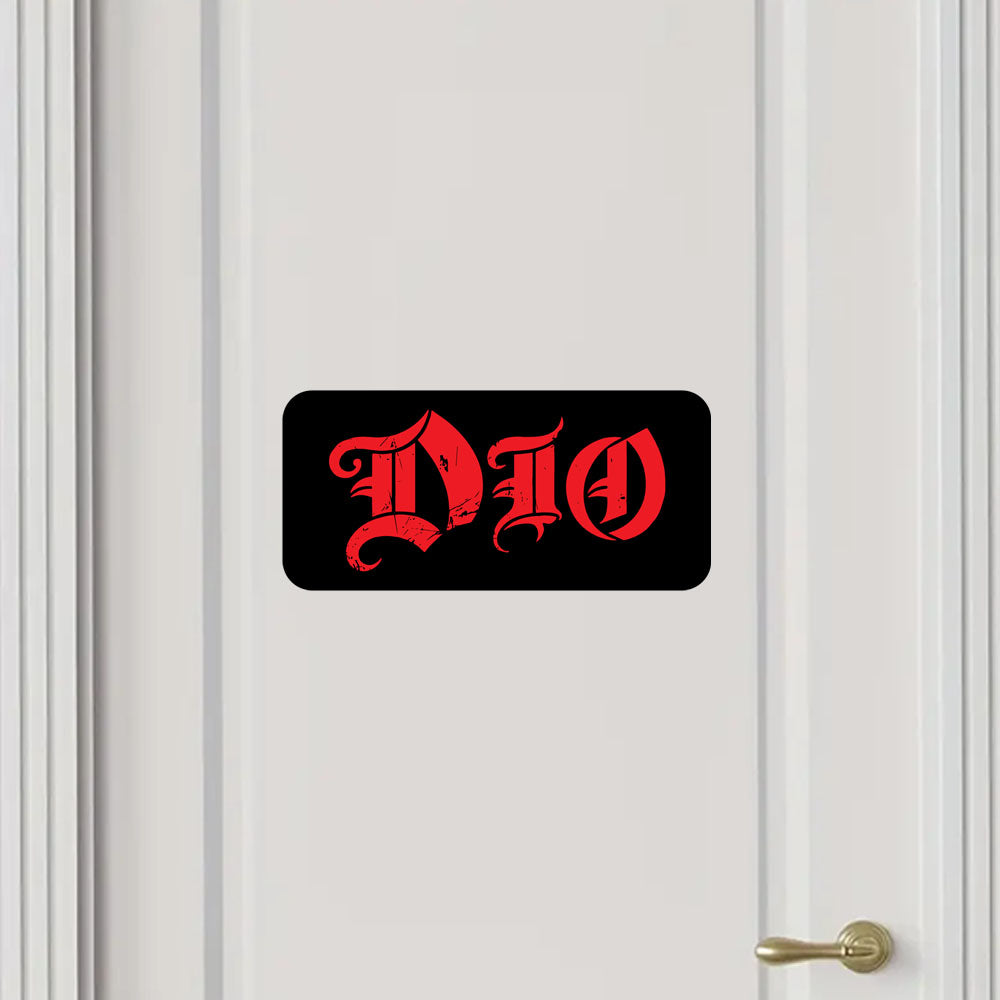 Black and red 'DIO' logo on a white door