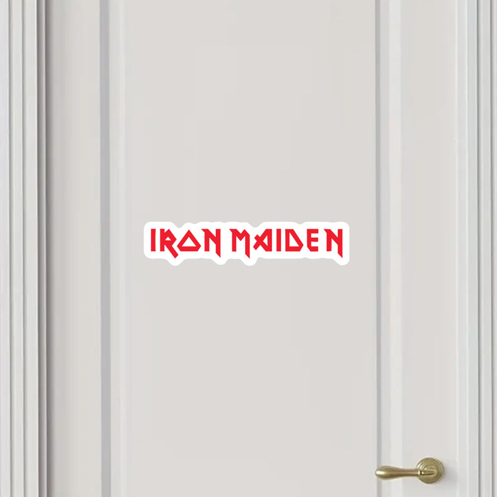 White door with 'IRON MAIDEN' logo in red and white text