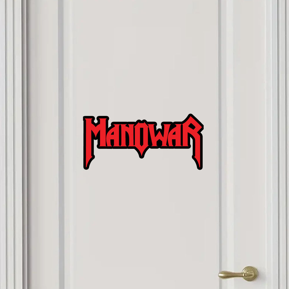 Red 'Manowar' logo on a white door