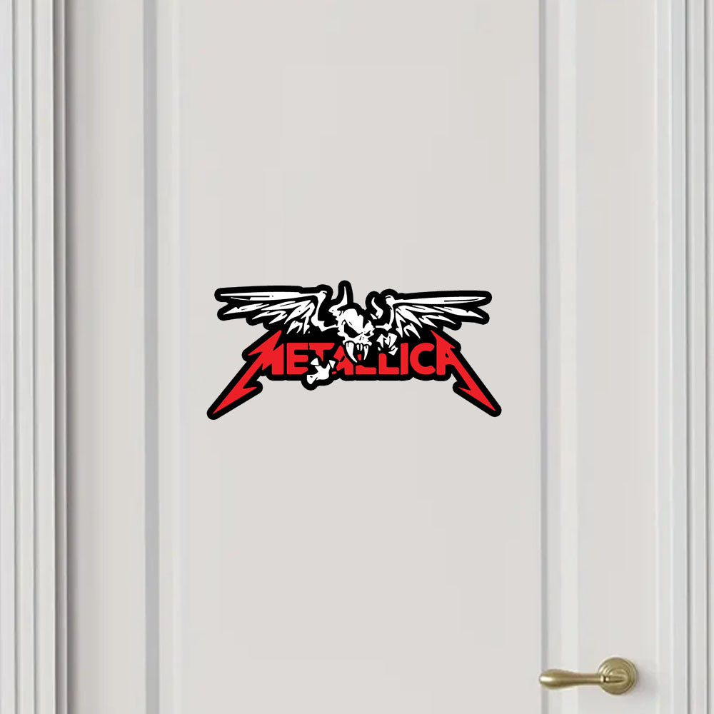 Metallica logo decal on a white door