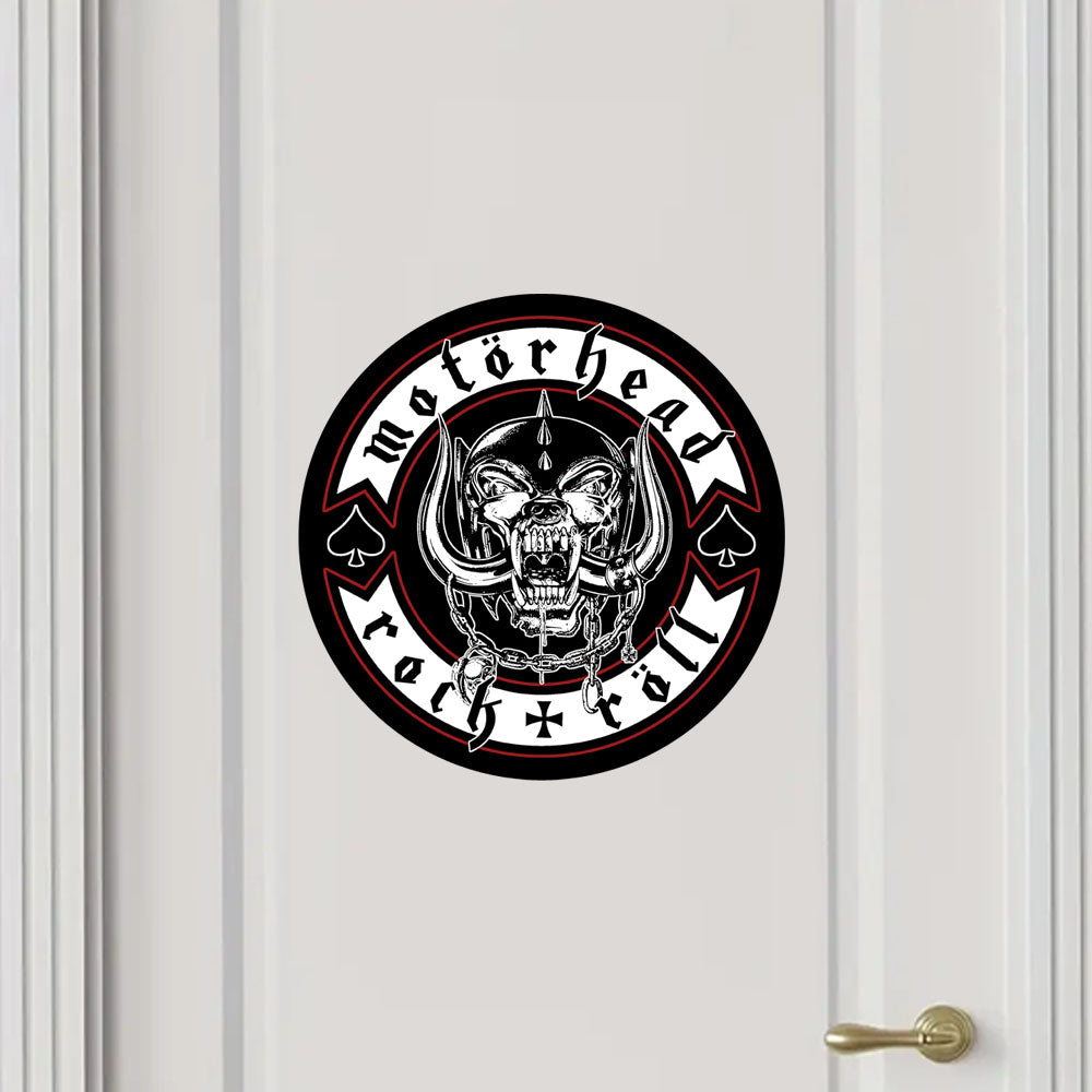 Motorhead logo decal on a white door