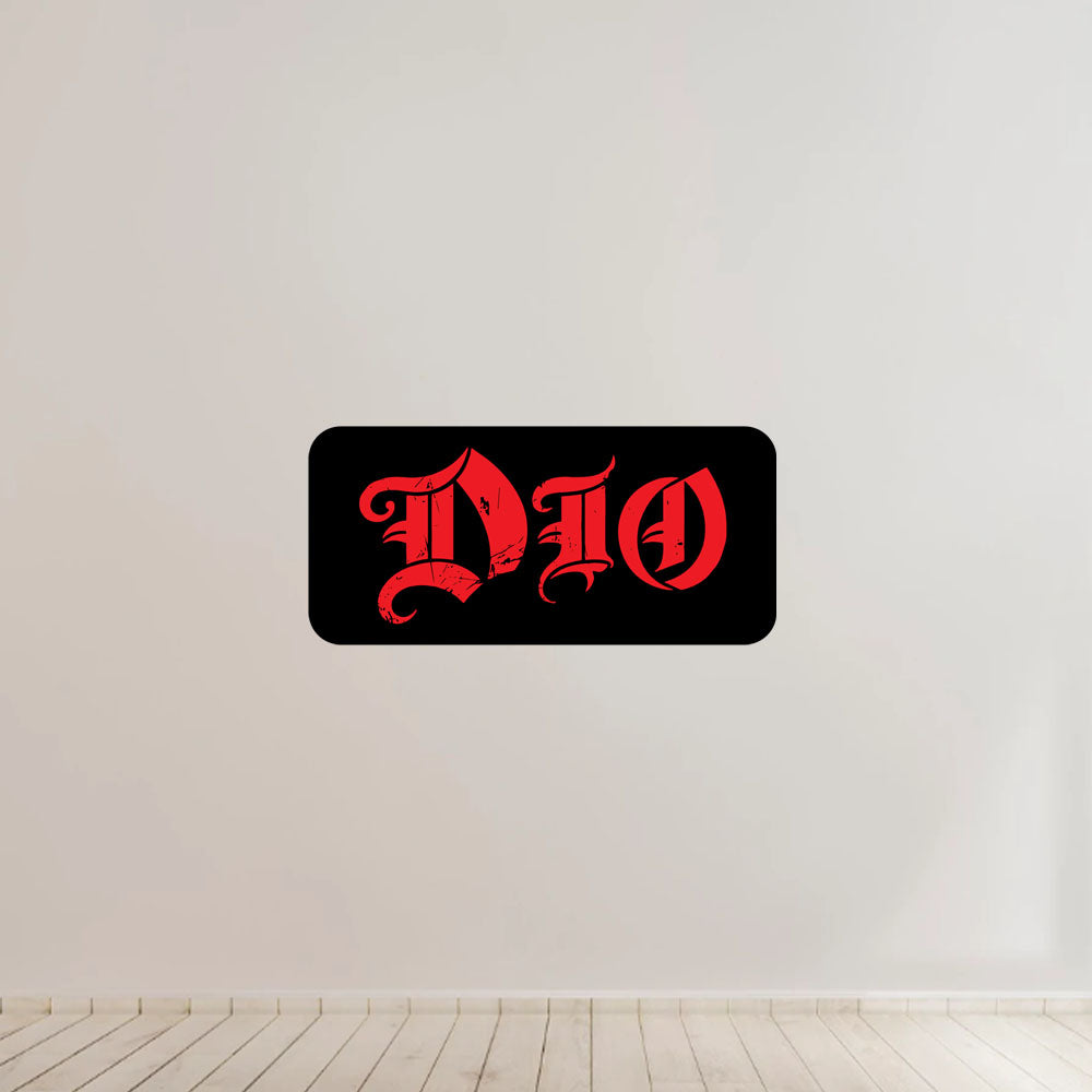 Black and red 'DIO' logo on a white wall