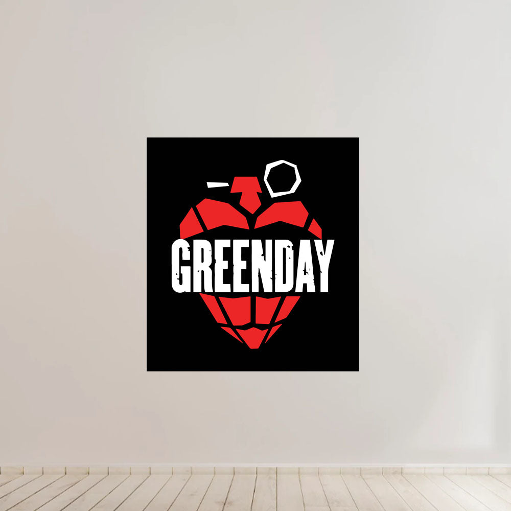Wall decal with a red heart and 'Greenday' text on a black background, mounted on a white wall.