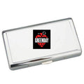 Metallic business card holder with a Greenday design on a white background