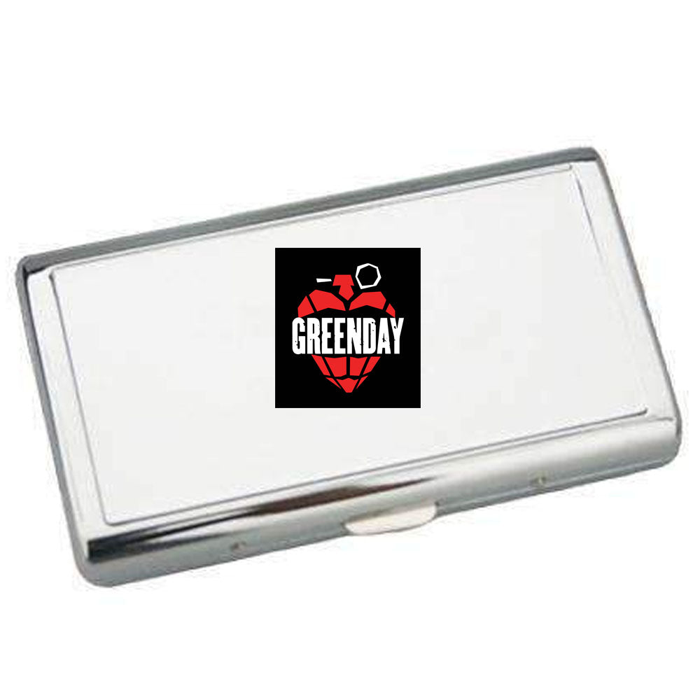 Metallic business card holder with a Greenday design on a white background