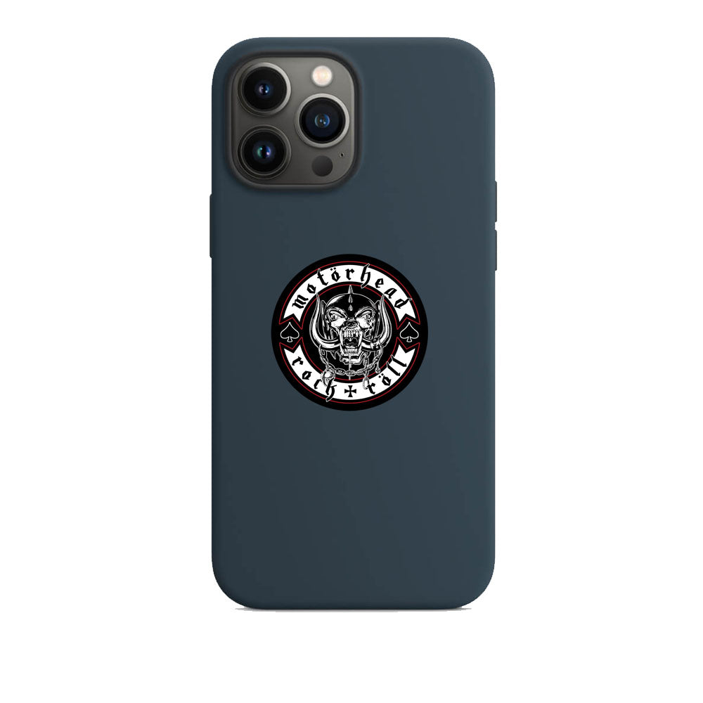 Phone case with skull design and text on a white background