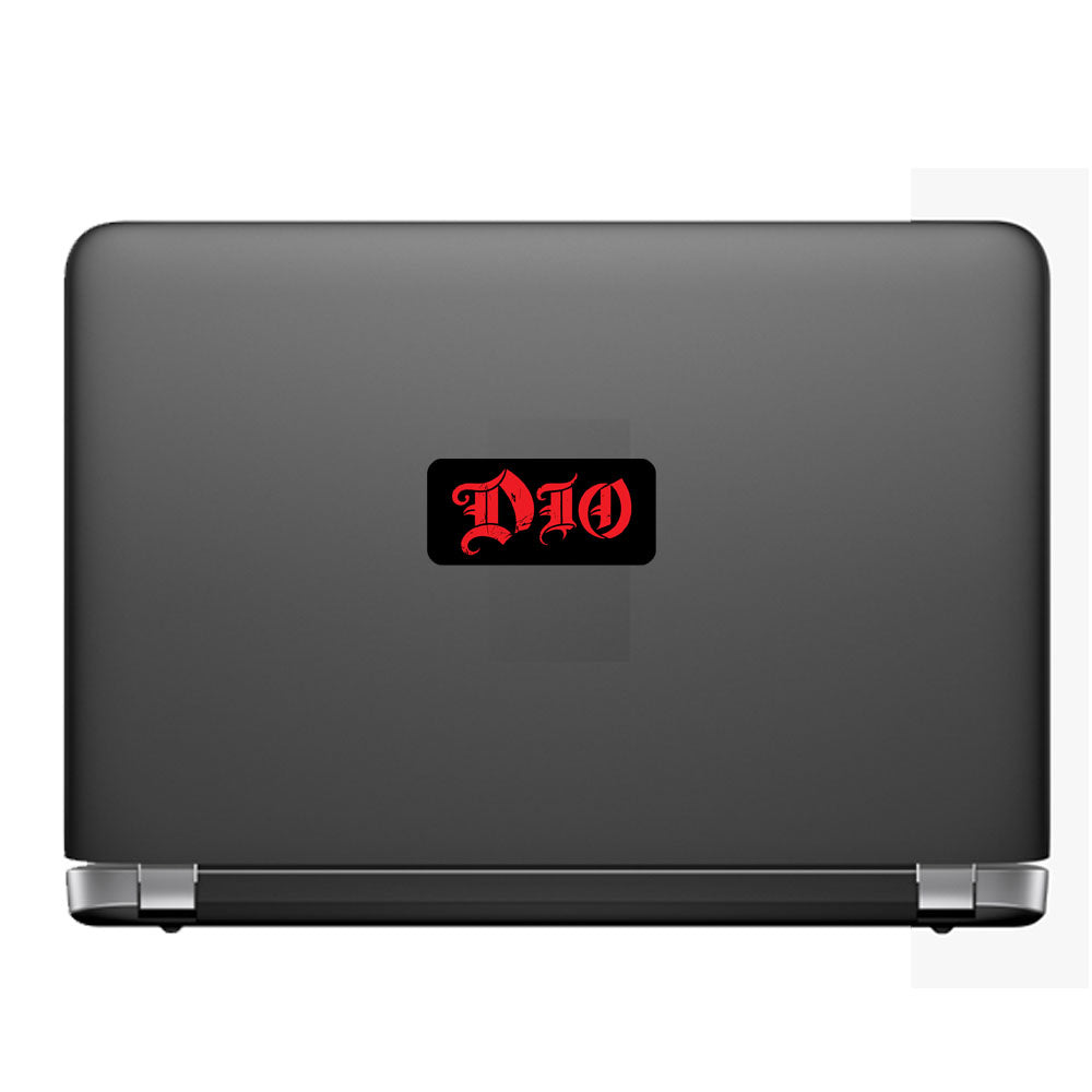 Black laptop with a red and black 'DIO' sticker on a white background