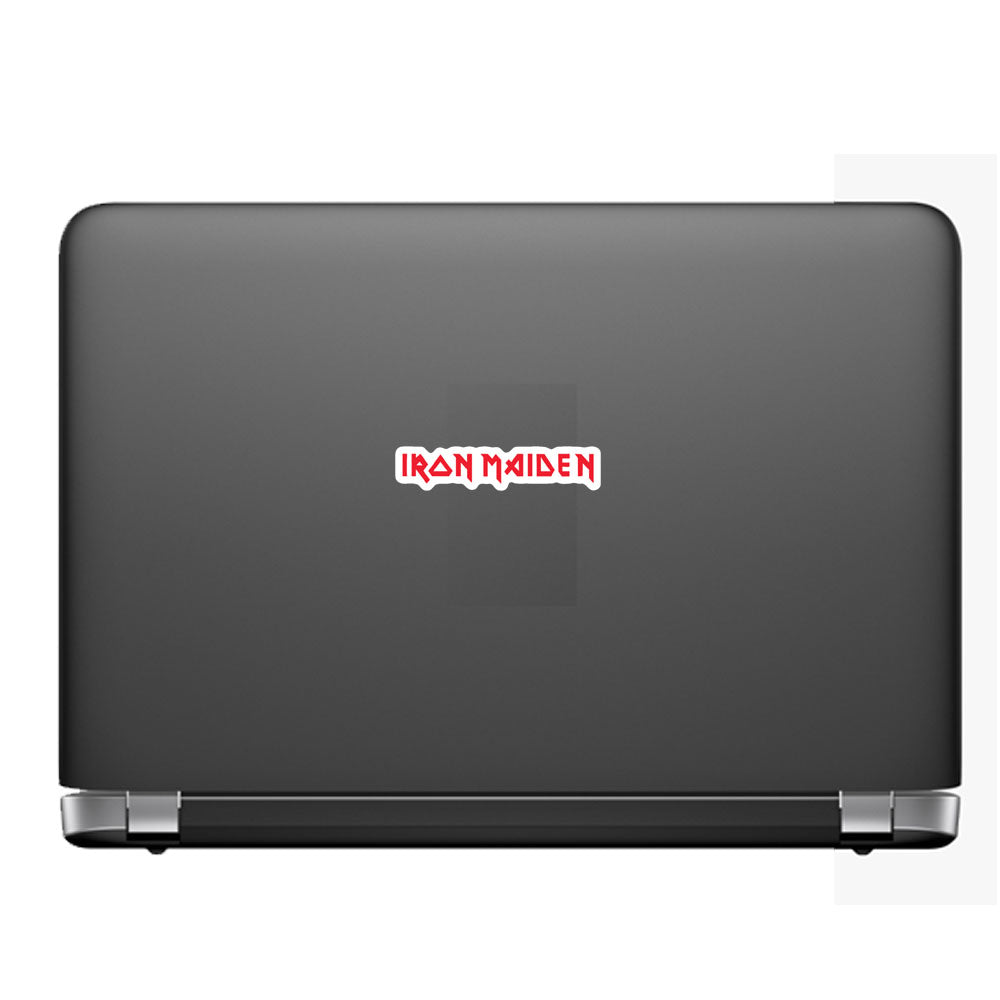 Black laptop with Iron Maiden logo on a white background