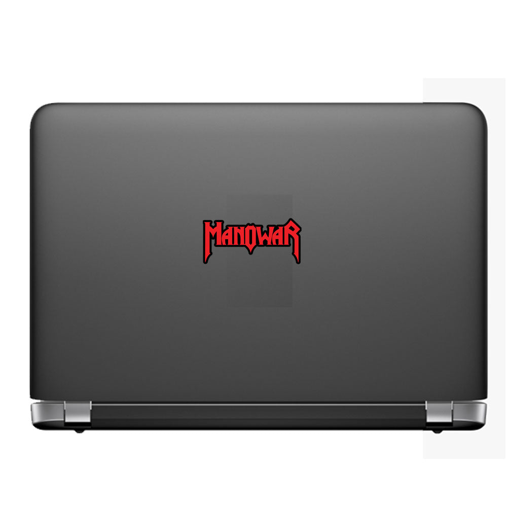 Black laptop with a red and white 'Manowar' logo on a white background