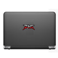 Black laptop with a red and white 'Manowar' logo on a white background