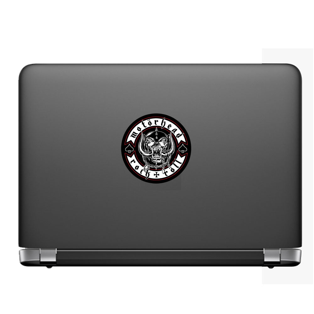 Laptop with a 'Motorhead' sticker on a white background